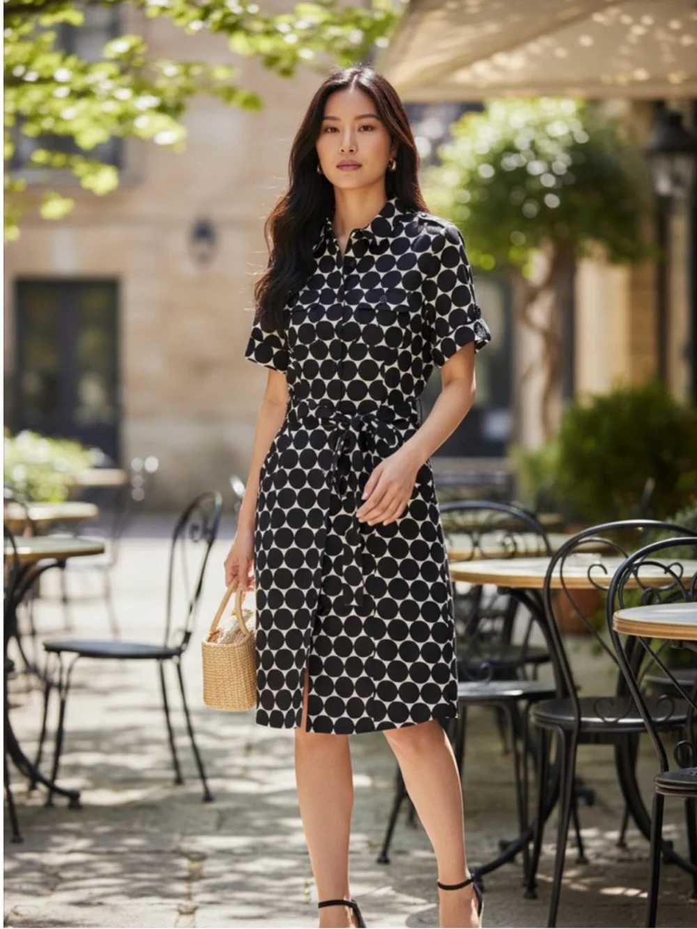 Marvin Richards Black and White Polka Dot Midi Shirt Dress - Picture 1 of 13